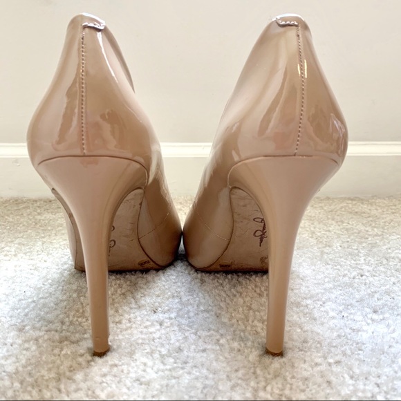 JESSICA SIMPSON Nude Patent Leather Peep Toe Heels - Picture 7 of 10